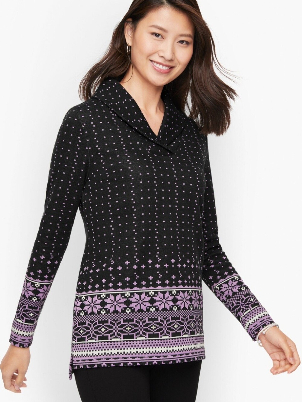 Talbots Black Purple Faire Isle Shawl Collar Lightweight Sweater Size Large